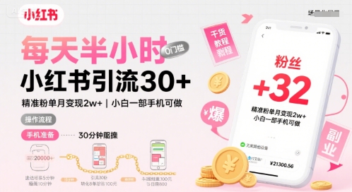 每天半小时小红书引流30+，精准粉单月变现2w+，小白新手一部手机可做，今天5分钟硬核实操-网创百晓生