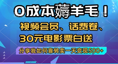 0成本薅羊毛!视频会员、话费卷、30元电影票白送，分享我如何靠转卖一天变现5张+【揭秘】-网创百晓生