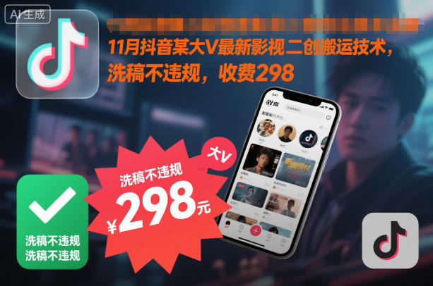 11月抖音某大V最新影视二创搬运技术，洗稿不违规，收费298-网创百晓生