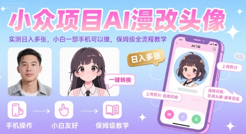 小众项目AI漫改头像，实测日入多张，小白一部手机可以做，保姆级全流程教学-网创百晓生