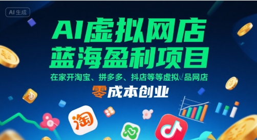 AI虚拟网店蓝海盈利项目，在家开淘宝、拼多多、抖店等虚拟品网店，零成本创业-网创百晓生