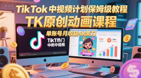 TikTok中视频计划保姆级教程，TK原创动画课程，单账号月收益4k美刀-网创百晓生