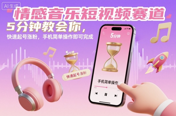 情感音乐短视频赛道，5分钟教会你，快速起号涨粉，手机简单操作即可完成-网创百晓生