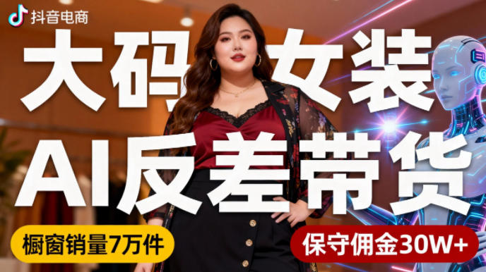 抖音小众赛道，大码女装AI反差带货，不用直播，每天6条作品，橱窗卖7万件，保守佣金30W+-网创百晓生