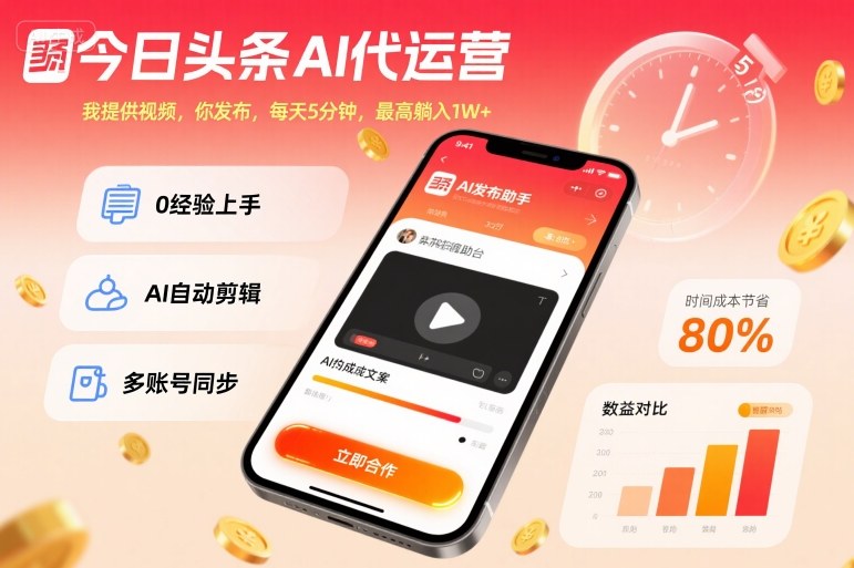 今日头条AI代运营，我提供视频，你发布，每天5分钟，最高躺入1W+【揭秘】-网创百晓生