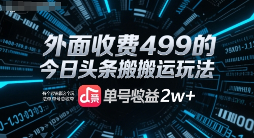 外面收费499的今日头条搬运玩法，有个老铁靠这个玩法单号总收益2w+-网创百晓生