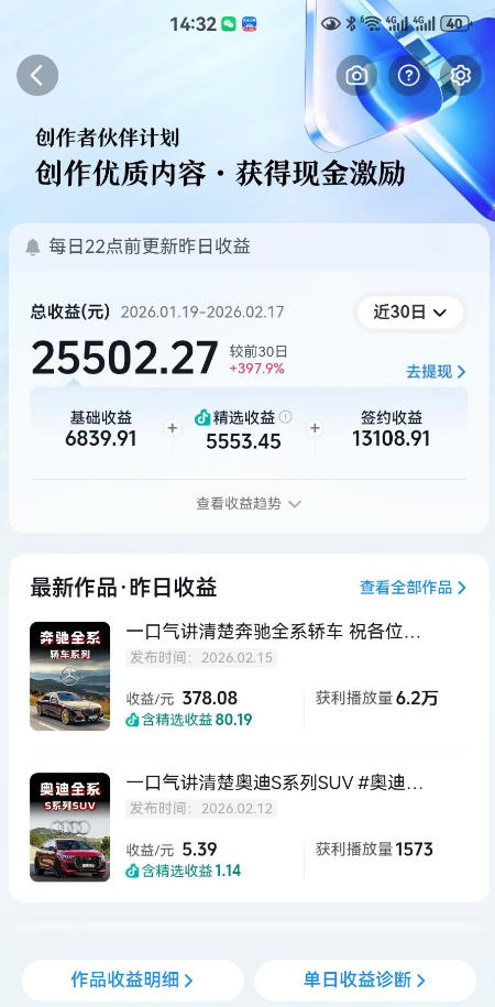 抖音某大佬汽车科普解说教学，流量嘎嘎猛，撸创作伙伴计划精选独家收益，日入5张+-网创百晓生