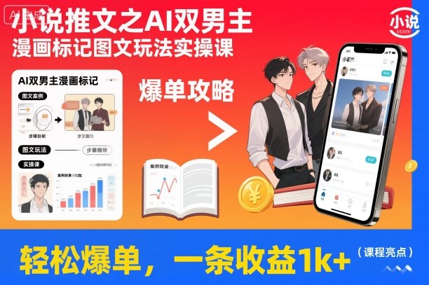 小说推文之AI双男主漫画标记图文玩法实操课，轻松爆单，一条收益1k+-网创百晓生