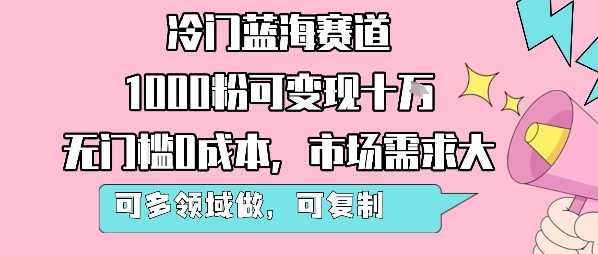 冷门蓝海赛道，1000粉可变现十W，无门槛0成本，市场需求大，可多领域做，可复制性强-网创百晓生