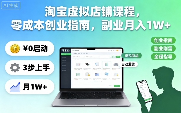 淘宝虚拟店铺课程，零成本创业指南，副业月入1W+-网创百晓生