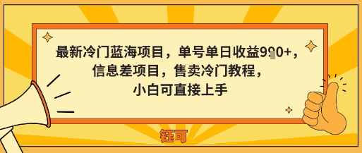 最新冷门蓝海项目，单号单日收益多张，信息差项目，售卖冷门教程，小白可直接上手-网创百晓生