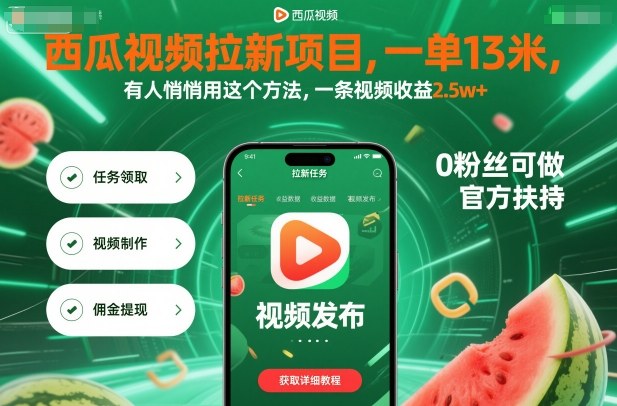 西瓜视频拉新项目，一单13米，有人悄悄用这个方法，一条视频收益2.5w+（附详细教程）-网创百晓生