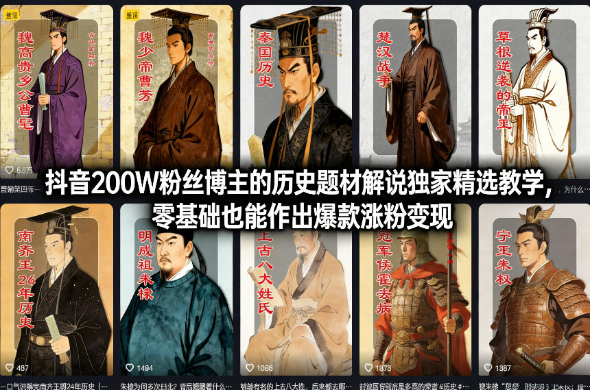 抖音200W粉丝博主的历史题材解说独家精选教学，零基础也能作出爆款涨粉变现-网创百晓生
