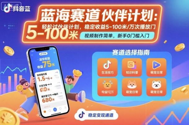 抖音蓝海赛道，轻松过伙伴计划，视频制作简单，万次播放收益在5-100米，稳定收益-网创百晓生