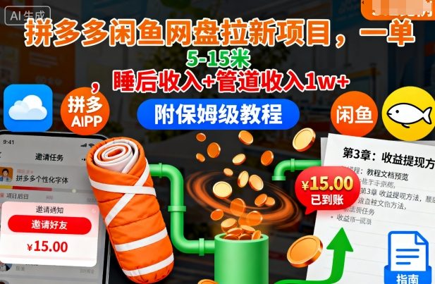 拼多多闲鱼网盘拉新项目，一单5-15米，睡后收入+管道收入1w+（附保姆级教程）-网创百晓生