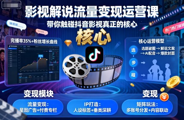 影视解说流量变现运营课，带你触碰抖音影视真正的核心-网创百晓生