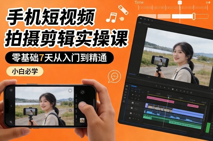 手机短视频拍摄剪辑实操课，零基础7天从入门到精通，小白必学-网创百晓生