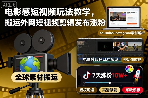 电影感短视频玩法教学，搬运外网短视频剪辑发布涨粉-网创百晓生