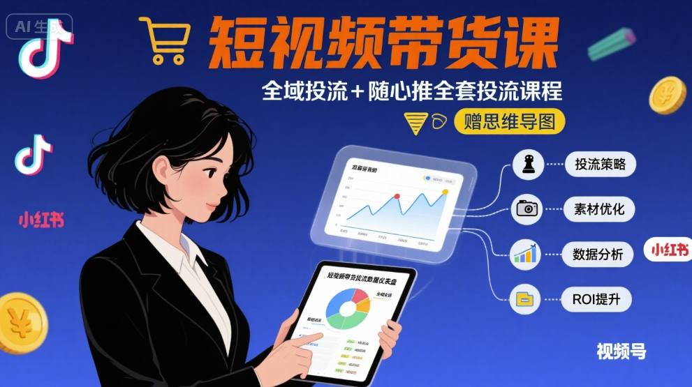 最新短视频带货课，全域投流+随心推全套投流课程+思维导图-网创百晓生