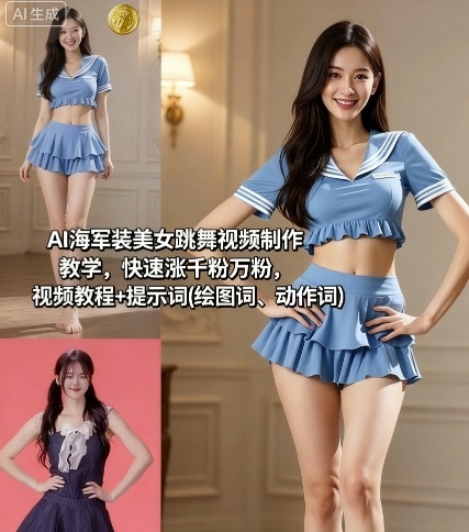 AI海军装美女跳舞视频制作教学，快速涨千粉万粉，视频教程+提示词(绘图词、动作词)-网创百晓生