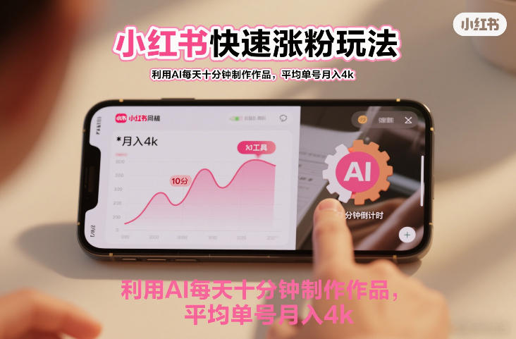 小红书快速涨粉玩法，利用AI每天十分钟制作作品，平均单号月入4k-网创百晓生