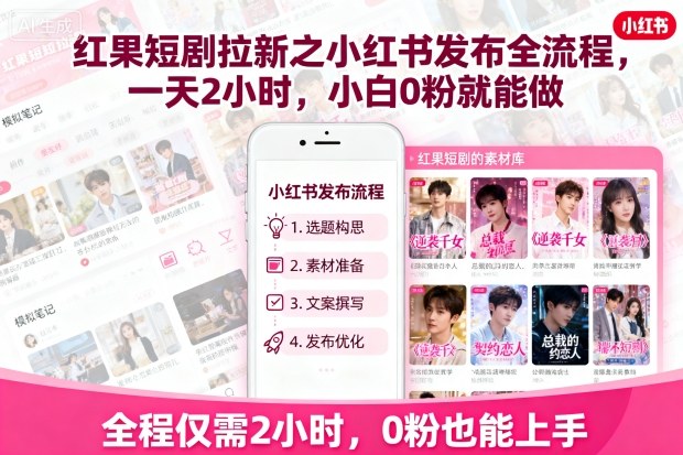 红果短剧拉新之小红书发布全流程，一天2小时，小白0粉就能做-网创百晓生