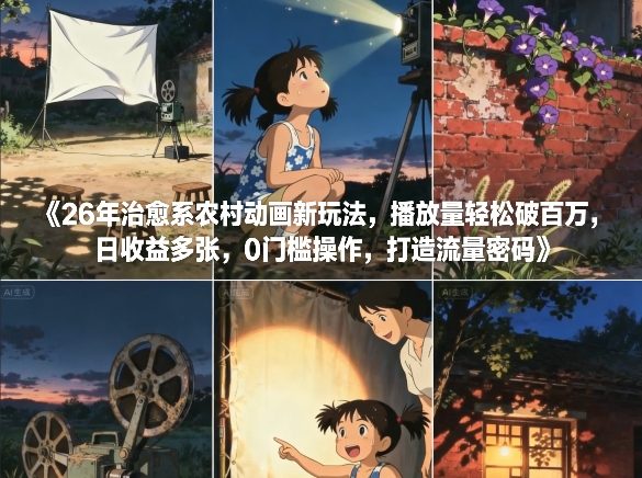26年治愈系农村动画新玩法，播放量轻松破百万，日收益多张，0门槛操作，打造流量密码-网创百晓生