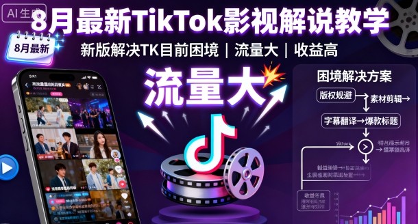 8月最新TikTok影视解说教学,新版解决TK目前困境,流量大,收益高-网创百晓生