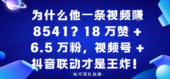 为什么他一条视频賺8541？18万赞+6.5 W粉，视频号+抖音联动才是王炸！-网创百晓生