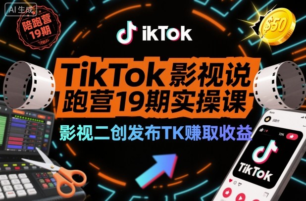 TikTok影视解说陪跑营19期实操课，影视二创发布TK賺取收益，万播收益50美金（更新）-网创百晓生