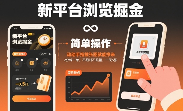 新平台浏览掘金，动动手指截张图就能挣米，2分钟一单，不限时不限量，一天5张【揭秘】-网创百晓生