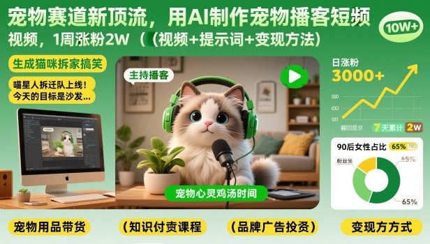 宠物赛道新顶流，用AI制作宠物播客短视频，1周涨粉2W（视频+提示词+变现方法）-网创百晓生