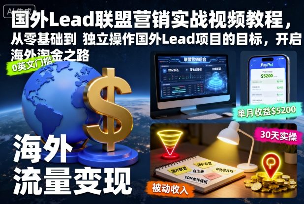 国外Lead联盟营销实战视频教程，从零基础到独立操作国外Lead项目的目标，开启海外淘金之路-网创百晓生