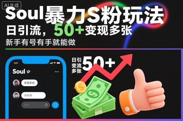 soul暴力S粉玩法，日引流50+变现多张，新手有号有手就能做-网创百晓生