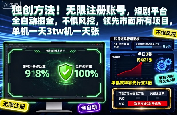 独创方法！无限注册账号，短剧平台全自动掘金，不惧风控，领先市面所有项目，单机一天3张【揭秘】-网创百晓生
