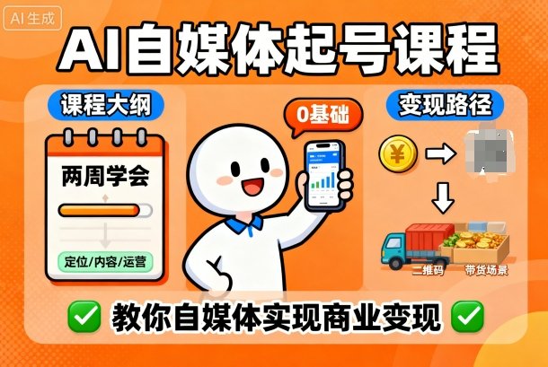 AI自媒体起号课程，0基础小白两周学会，教你自媒体实现商业变现-网创百晓生