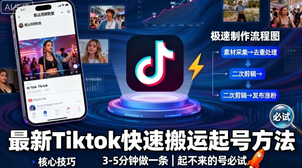 最新Tiktok快速搬运快速起号方法，3-5分钟做一条，起不来的号可以试试-网创百晓生