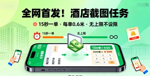 全网首发！酒店截图任务，15秒一单，每单0.6米，任务无上限不设限，矩阵操作单日3张到手【揭秘】-网创百晓生