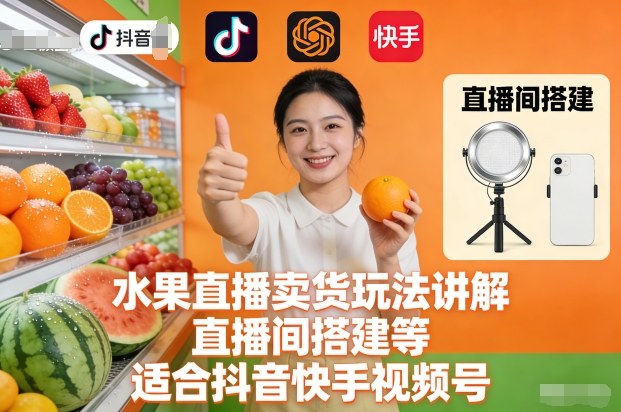 水果直播卖货玩法讲解、直播间搭建等，适合抖音快手视频号-网创百晓生