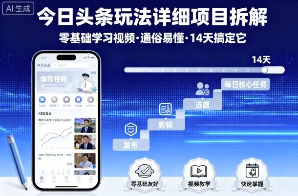 今日头条玩法详细项目拆解，零基础学习视频 通俗易懂 14天搞定它-网创百晓生