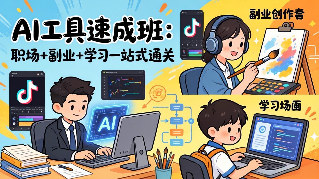 AI工具速成班：职场+副业+学习一站式通关，20+爆款类型+剪映技巧+抖音算法，0基础快速上手-网创百晓生