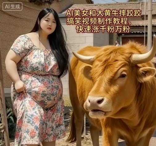 AI美女和大黄牛摔跤搞笑荒诞视频制作教程，快速涨千粉万粉-网创百晓生