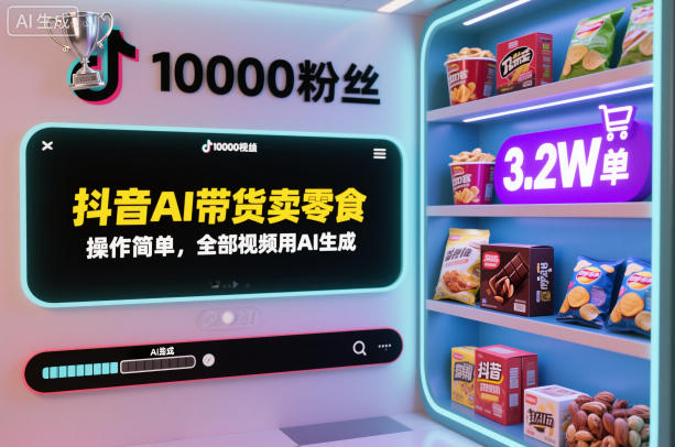 抖音AI带货卖零食，操作简单，全部视频用AI生成，一万粉丝，卖了3.2W单-网创百晓生