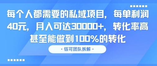 每个人都需要的私域项目，每单利润40米，月入可达3W+，转化率高 甚至能做到100%的转化-网创百晓生