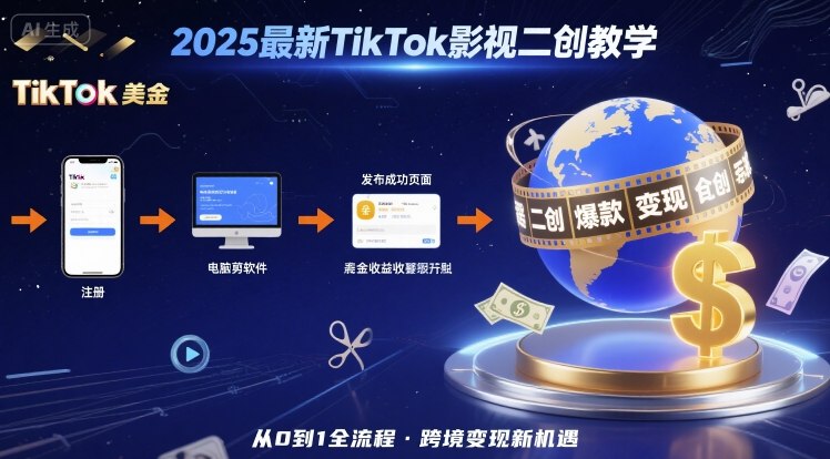2025年最新TikTok影视二创教学，从注册到发布撸美金全流程，跨境变现新机遇-网创百晓生