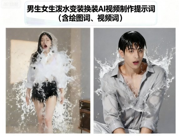 男生女生泼水变装换装AI视频制作提示词(含绘图词、视频词)-网创百晓生