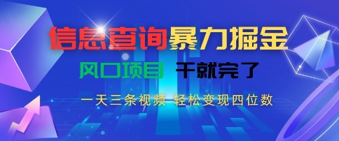 信息查询暴力掘金，一天三条视频，轻松变现四位数，风口项目干就完了【揭秘】-网创百晓生