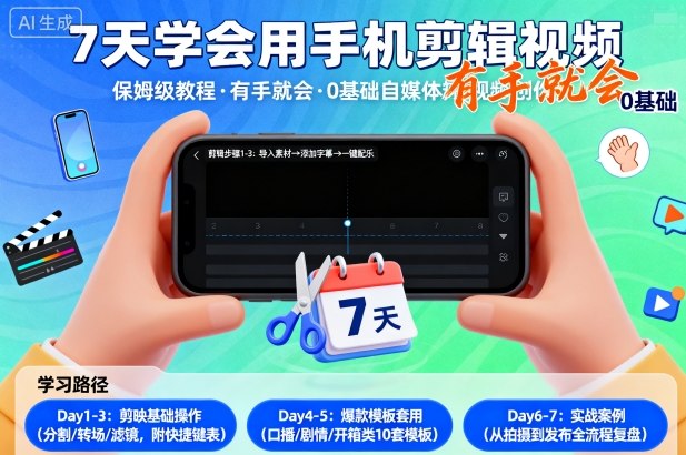7天学会用手机剪辑视，保姆级教程，有手就会，0基础自媒体短视频创作教程-网创百晓生
