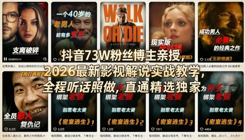 抖音73W粉丝博主亲授，2026最新影视解说实战教学，全程听话照做，直通精选独家-网创百晓生