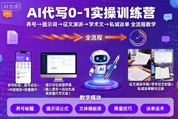 AI代写0-1实操训练营,从养号、提示词、征文演讲、学术文,到私域谈单的全流程教学-网创百晓生